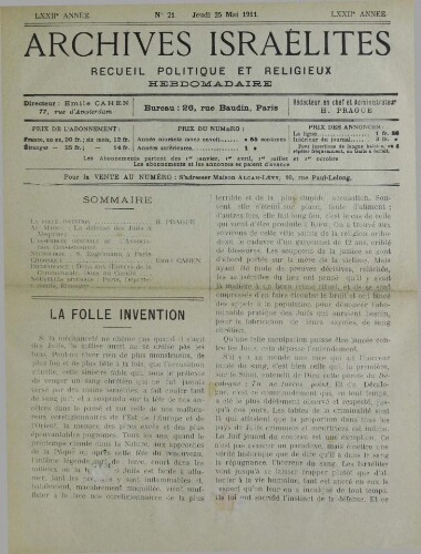 Archives israélites de France. Vol.72 N°21 (25 mai 1911)